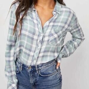Rails Hunter Button Up Plaid Shirt Sea Breeze Navy Peach Casual Layer Size Small